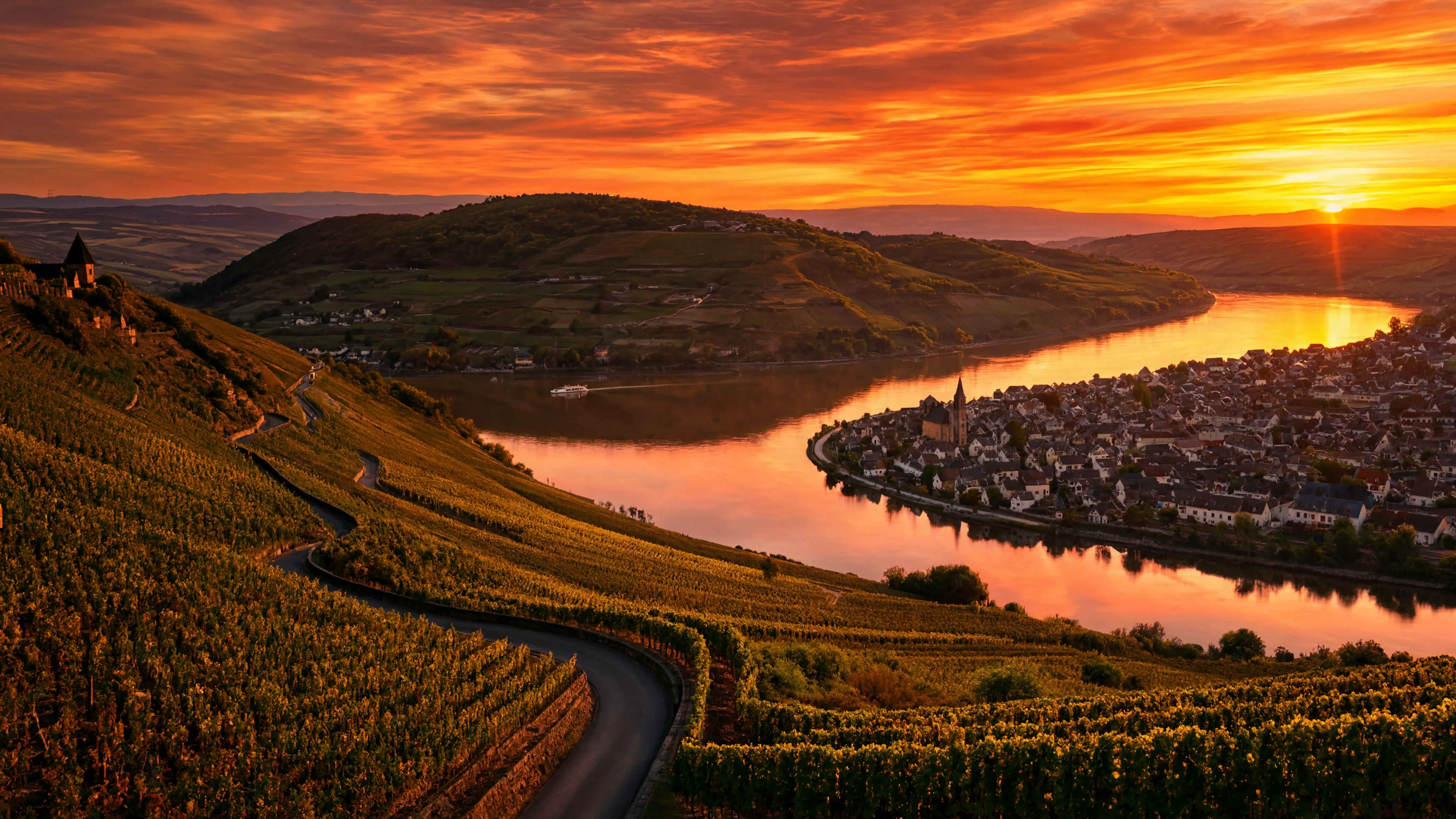 Malerische Moselweinberge im Herbst — goldene Weinreben auf sanften Hügeln über dem Fluss